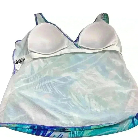 Simply Swim Women 24W Tropical Leaf Print Tankini Swim Top Blue White Padded NEW - Picture 7 of 12